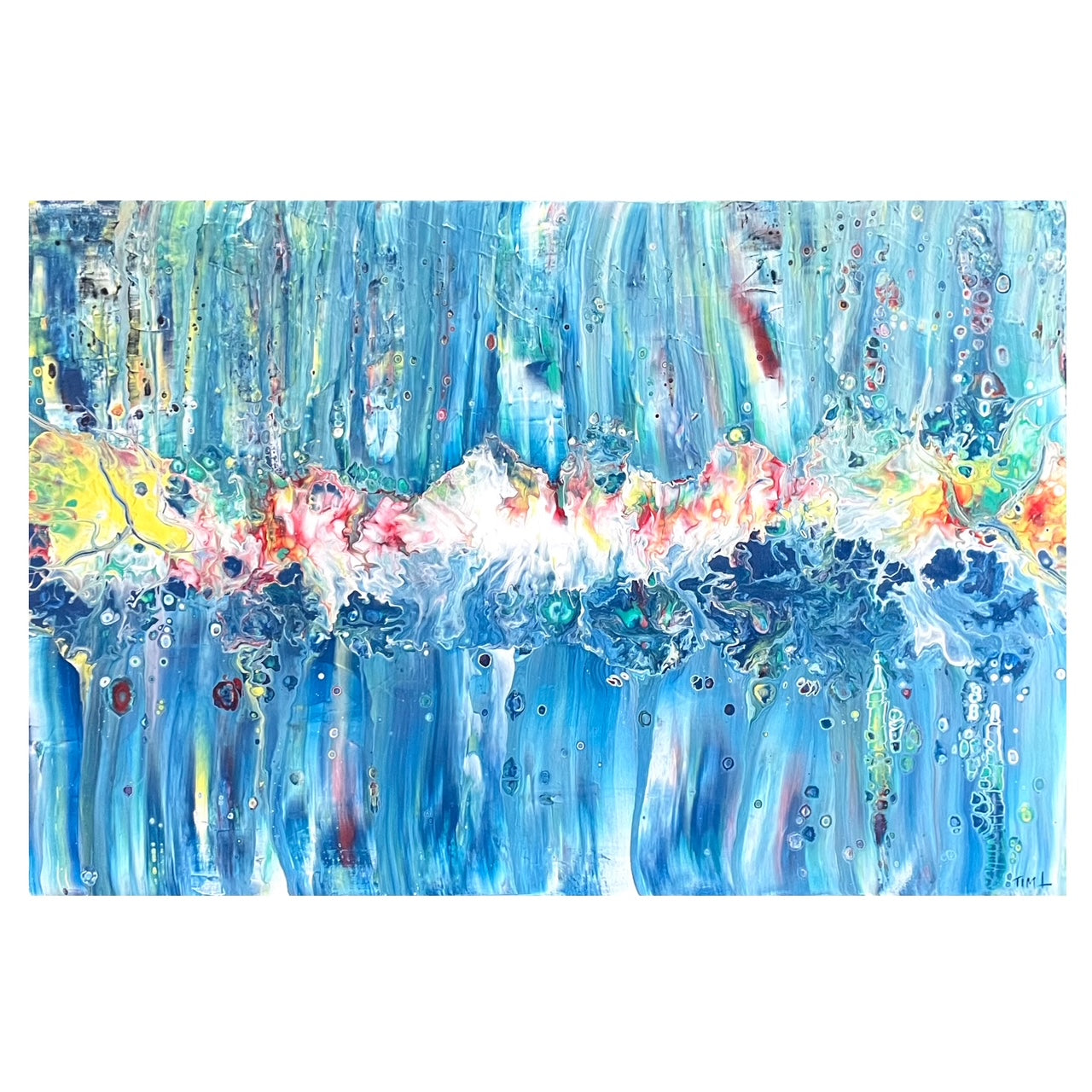 Abstract artwork scraped and blown fluid art, with blue and multicolor patterns on a white background