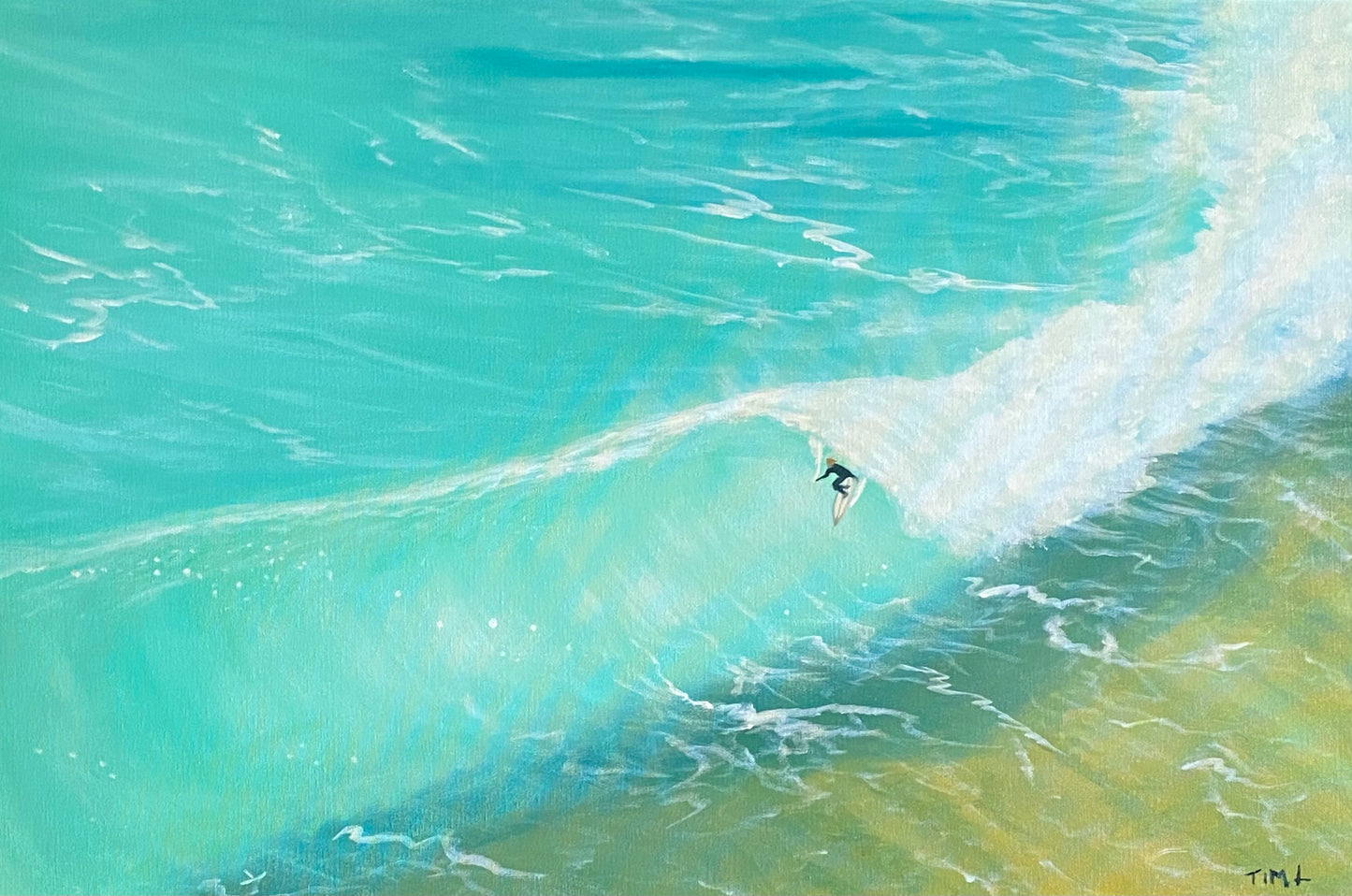 Original canvas artwork - Surfer riding waves during cyclone Alred at Burleigh Heads by Tim Littler Brisbane artist
