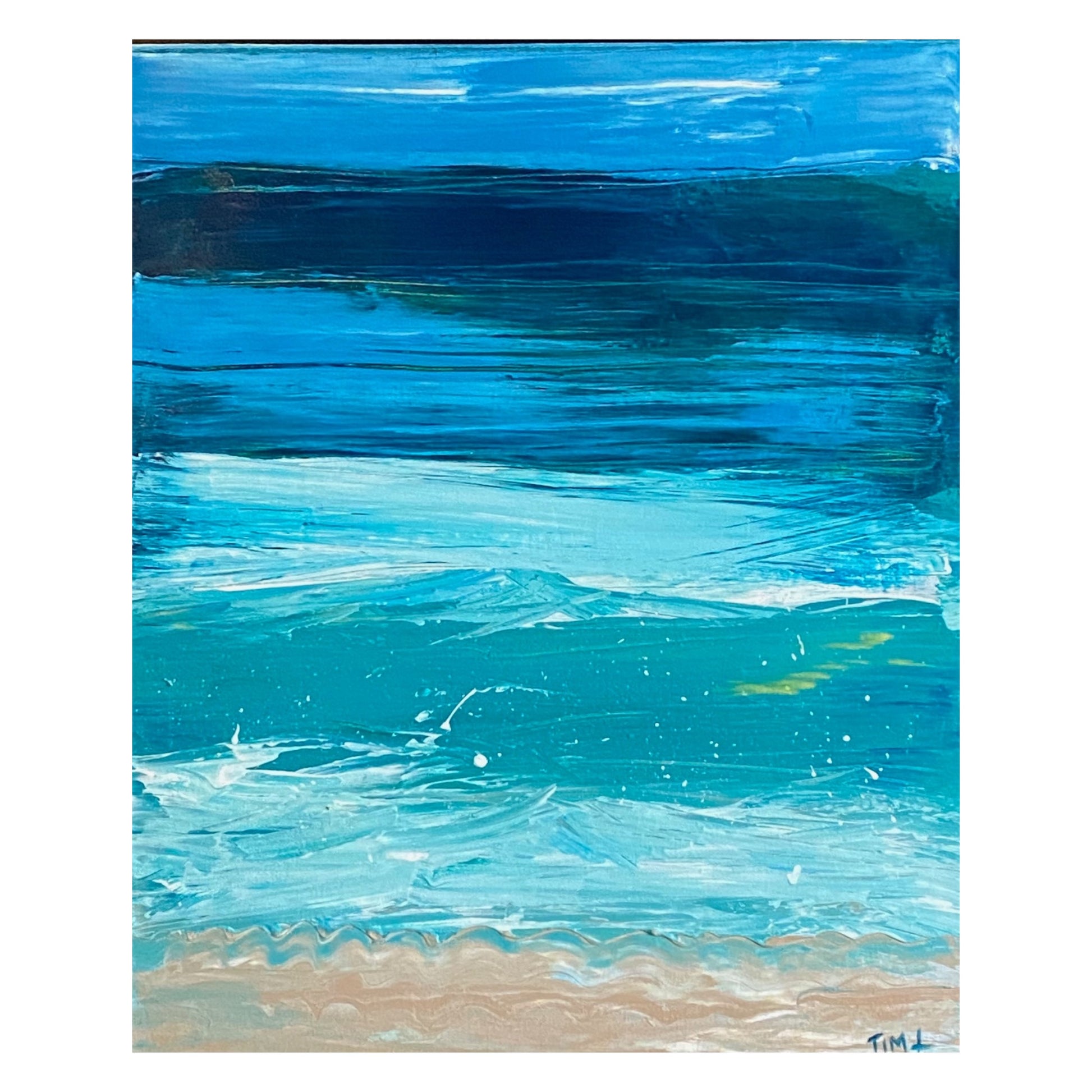 A painting depicting a stylized coastal landscape with shades of blue and green over a beige shore line, creating a serene ocean and sky effect.