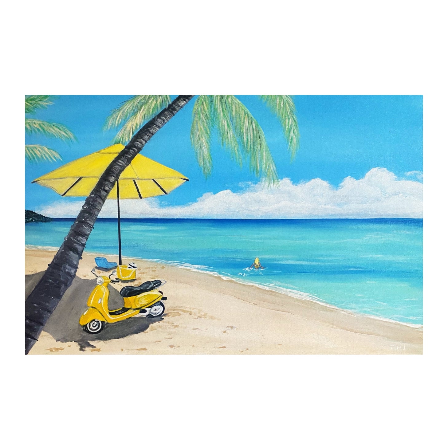 Beach scene with a yellow scooter and umbrella under a palm tree, with a clear blue sky and ocean.