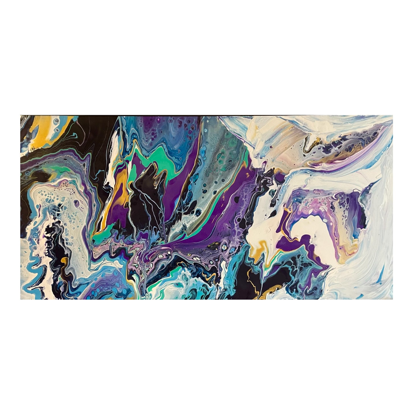 Fluid abstract art with purplke,blue and tourquois swirling colors on a white background.