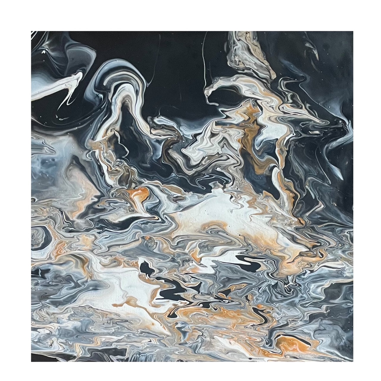 Abstract art with swirling black, white, and brown patterns on a dark background