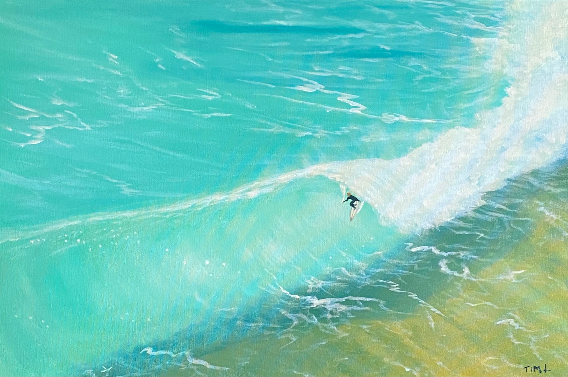 Original canvas artwork - Surfer riding waves during cyclone Alred at Burleigh Heads by Tim Littler Brisbane artist